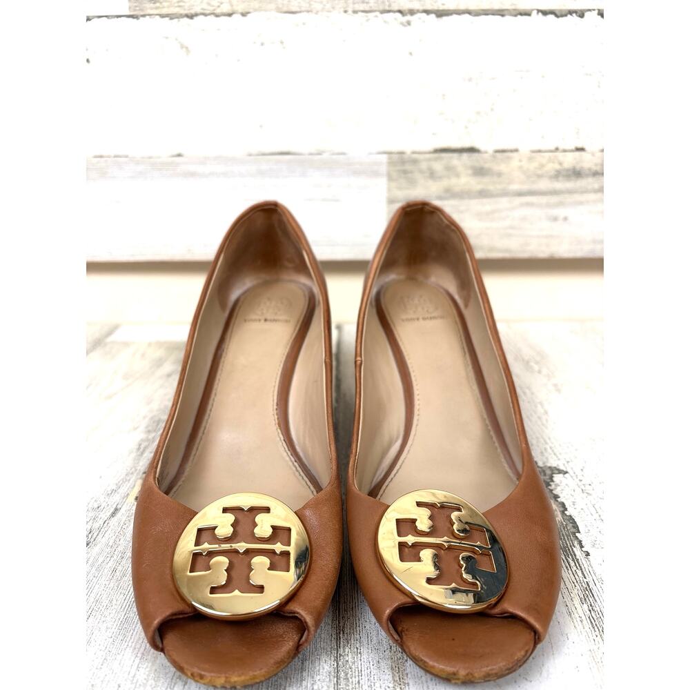 Tory Burch Womens 9.5 Brown Leather Karma Wedge Open Toe Heel Sandal Pump - Picture 3 of 9